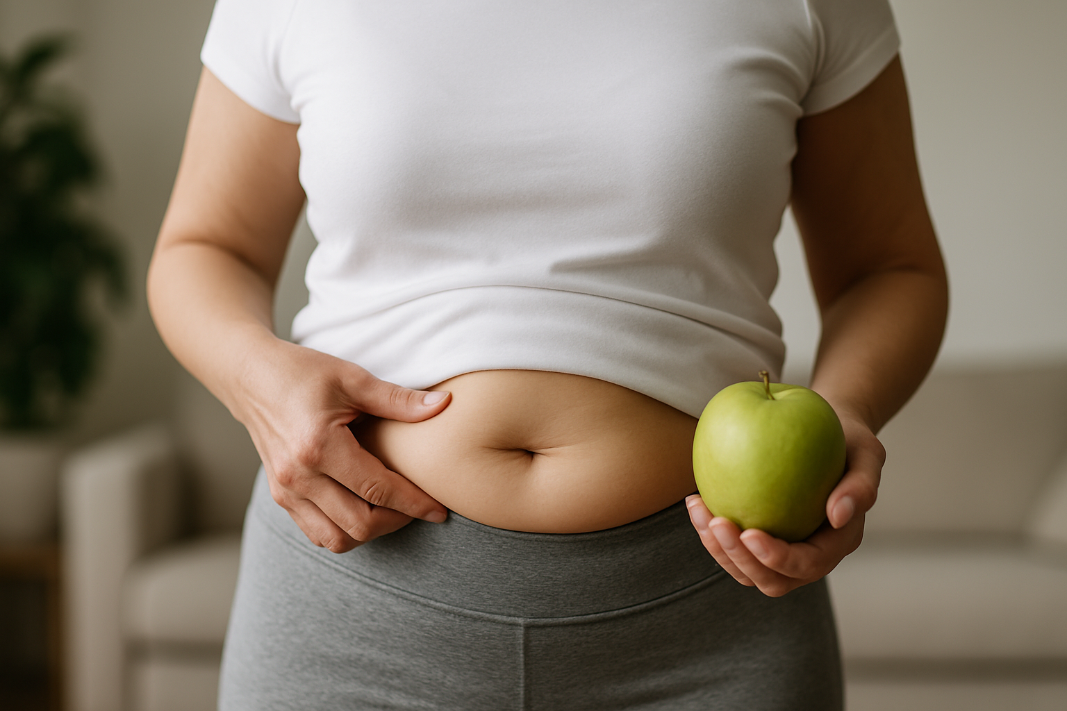 Frau mittleren Alters misst Taillenumfang – symbolisiert Gewichtszunahme in den Wechseljahren