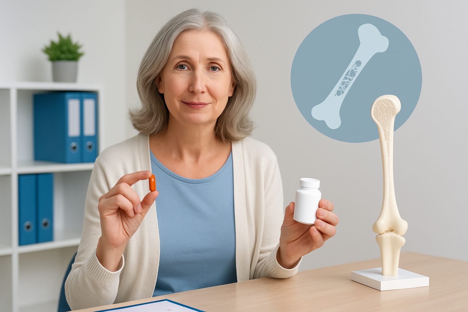 Frau mittleren Alters beim Arztgespräch über Knochengesundheit und Hormonersatztherapie