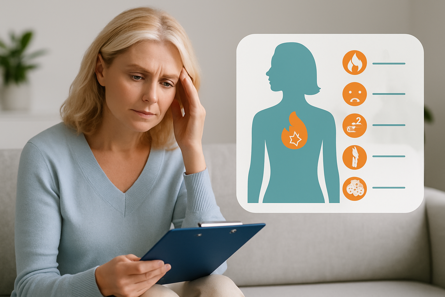 Frau mittleren Alters betrachtet nachdenklich eine Liste mit Symptomen