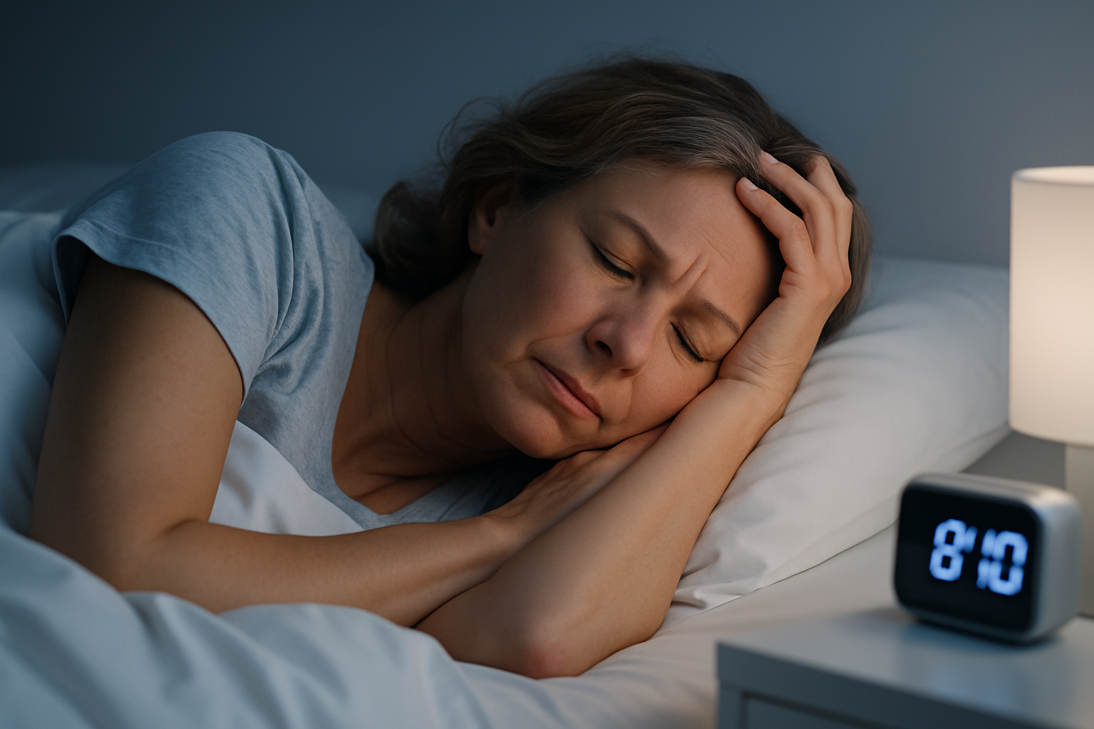 Frau liegt nachts wach im Bett – symbolisiert Schlafstörungen in den Wechseljahren