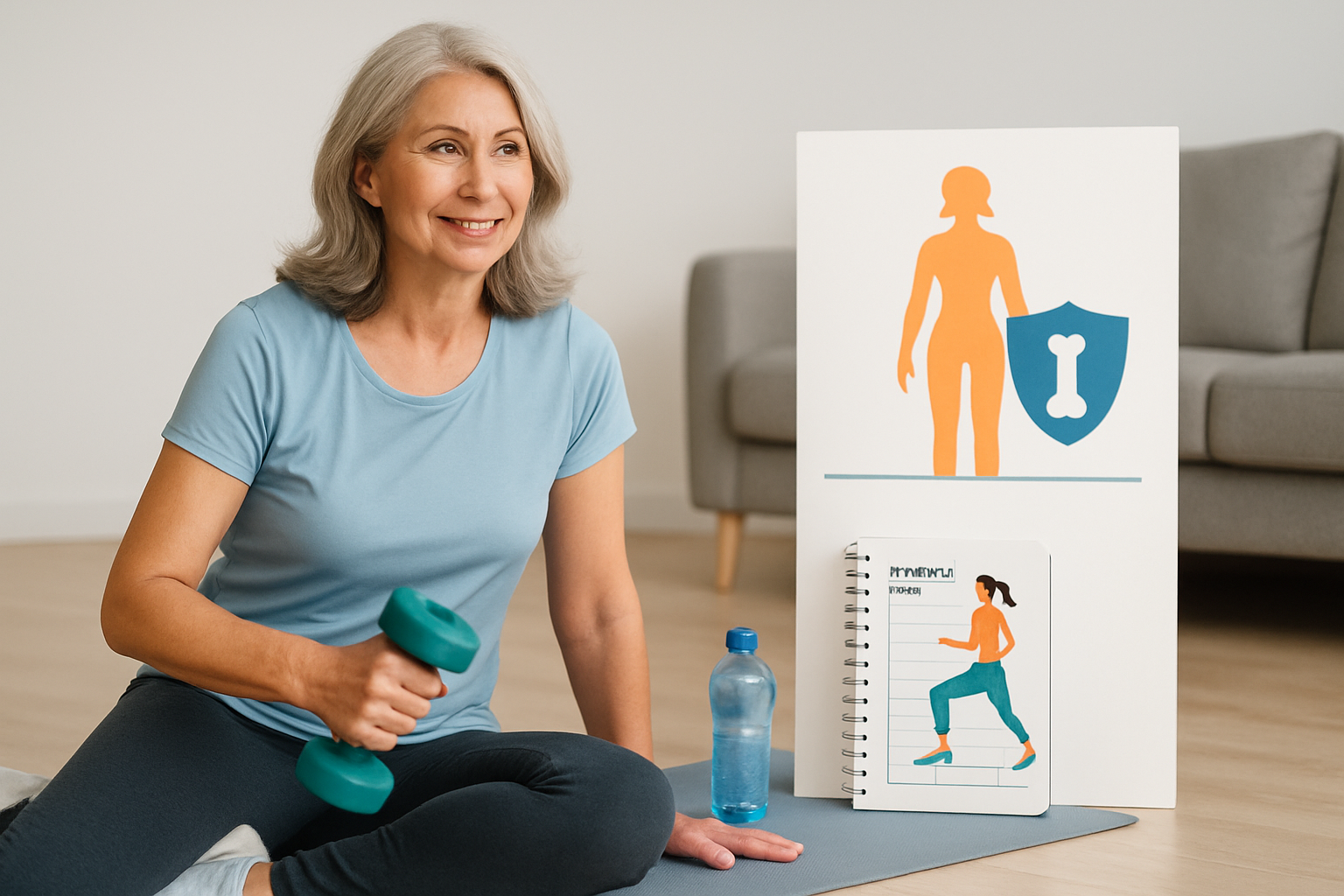 Frau in den Wechseljahren beim Krafttraining mit Hanteln für Knochengesundheit und Wohlbefinden